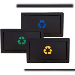 Abfalltrennstation-Set: 3 integrierte Müllklappen 350×200 mm | Schwarz mit grünem, blauem & gelbem Recycling-Symbol