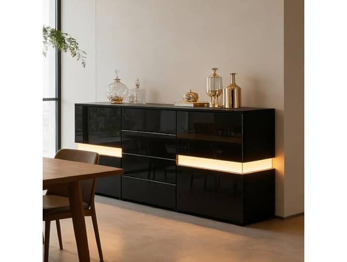 BESTWANTED Anrichte Hochglanz Anrichte für Wohnzimmer Modernes Anrichte Schrank Vitrine mit LED Beleuchtung 2 Türen 4 Schubladen Wohnmöbel (Schwarz)