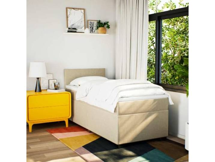 KTHLBRH Boxspringbett mit Matratze Creme 80 x 200 cm aus Stoff Taschenfederkernmatratze, inklusive Matratzenschoner, Kopfteil aus Stoff, stabile Füße