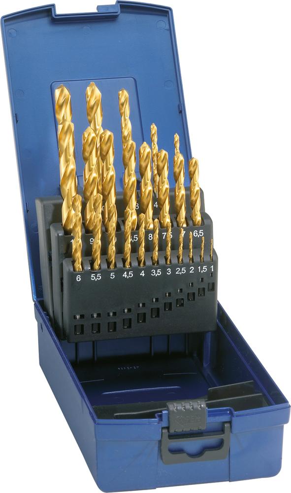 Spiralbohrer-Satz in Kunststoffkassette, HSS, Typ N, DIN 338, TiN-beschichtet, FORUM