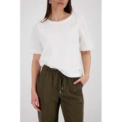 Sweatshirt MONARI "Sweatshirt Perlenschmuck", Damen, Gr. 34, weiß (ecru), Web, Obermaterial: 100% Baumwolle, bestickt, unifarben, regular fit taillenbedeckt, Rundhals, eingesetzt gerader Abschluss, Sweatshirts Sweatshirt, mit Blumenstickerei