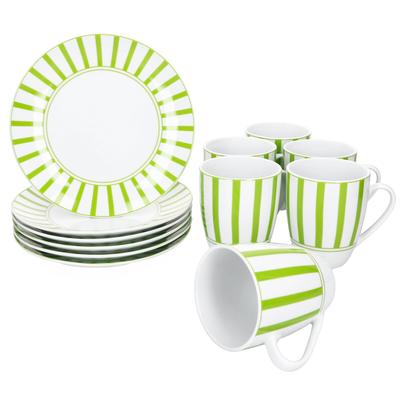 Split grün 12tlg Frühstücksset Porzellan Kuchenteller Kaffeebecher Streifen