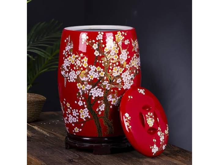 YCBTPS Keramik Aufbewahrung Box Für Reis, 5kg 10kg Mehl Vorratsglas, 15kg 25kg Reisbehälter Mit Deckel, Mehlkübel Aus Keramik, Lebensmittelzylinder(Red,Capacity25KG)