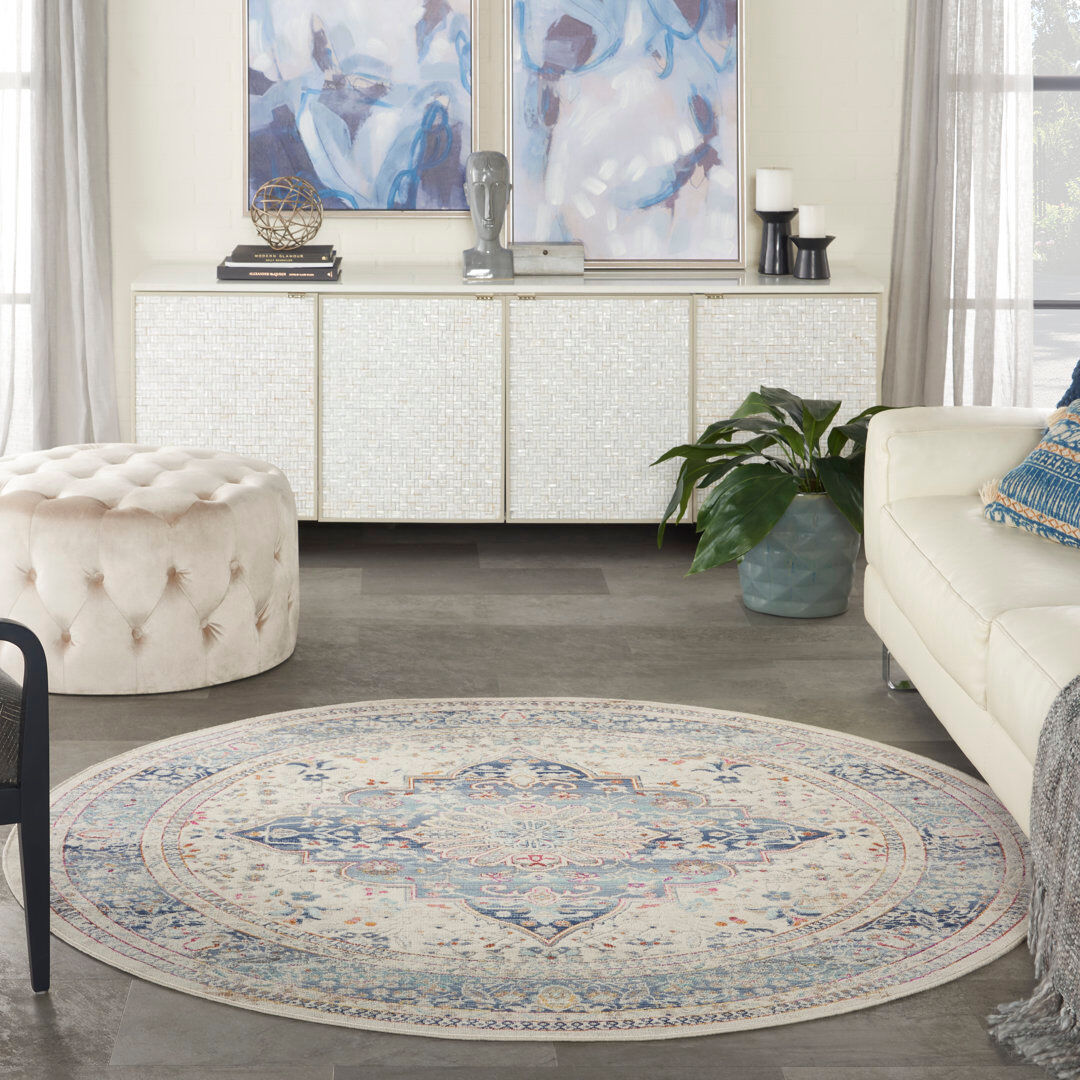 Langley Street Neve Oriental Area Rug Blue/Beige Round 115cm