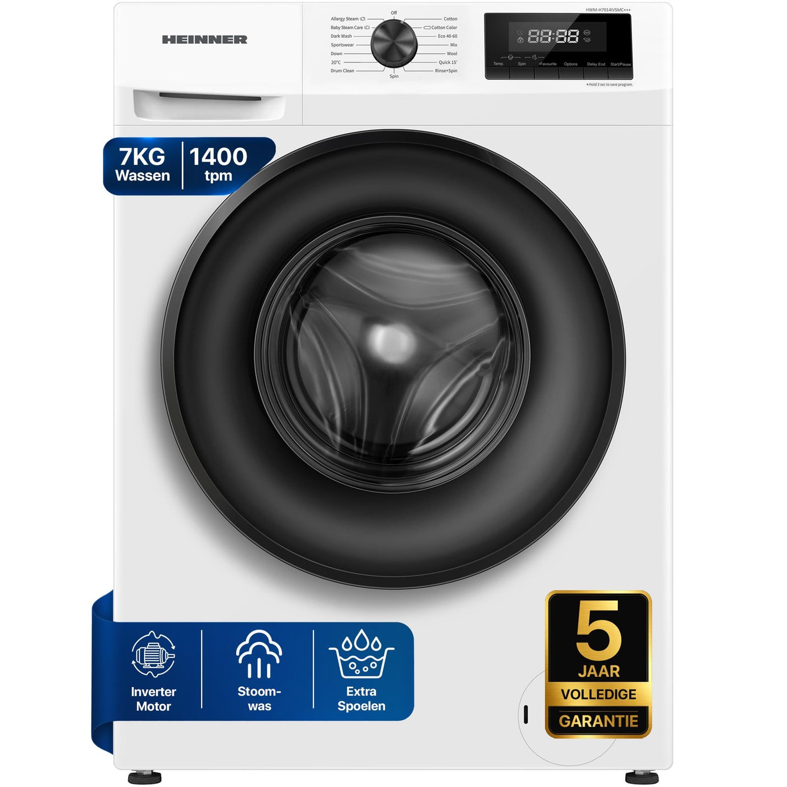 Heinner HWM-H7014IVSMC+++ Voorlader Wasmachine 7 kg, 1400 tpm, Digitaal Display, Wit