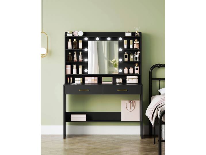 Table de toilette avec miroir, table de toilette avec étagères et 2 tiroirs pour chambre à coucher, salon, luminosité réglable