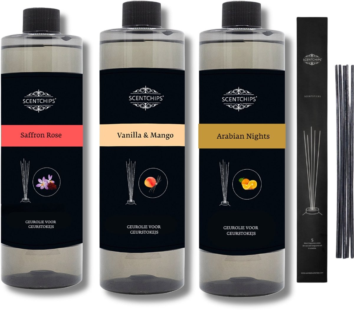 Scentchips Geurstokjes Navulling Set van 3 - Saffron Rose, Vanille & Mango, Arabian Nights - 400ml per stuk