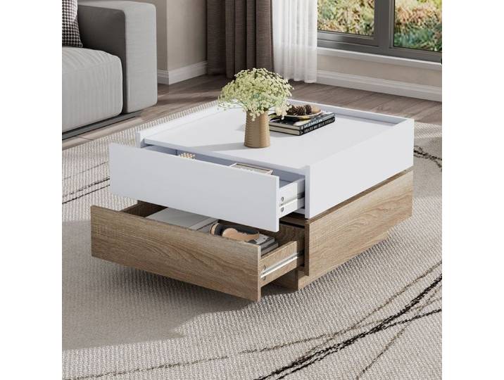 Table basse fonctionnelle Table de salon pivotant à 360° plateau tournant avec 2 étages et meuble de rangement table d'appoint