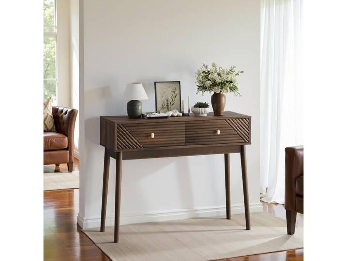 Modenuit Table console Mid-Century noyer 100 x 35 x 80 cm avec 2 tiroirs
