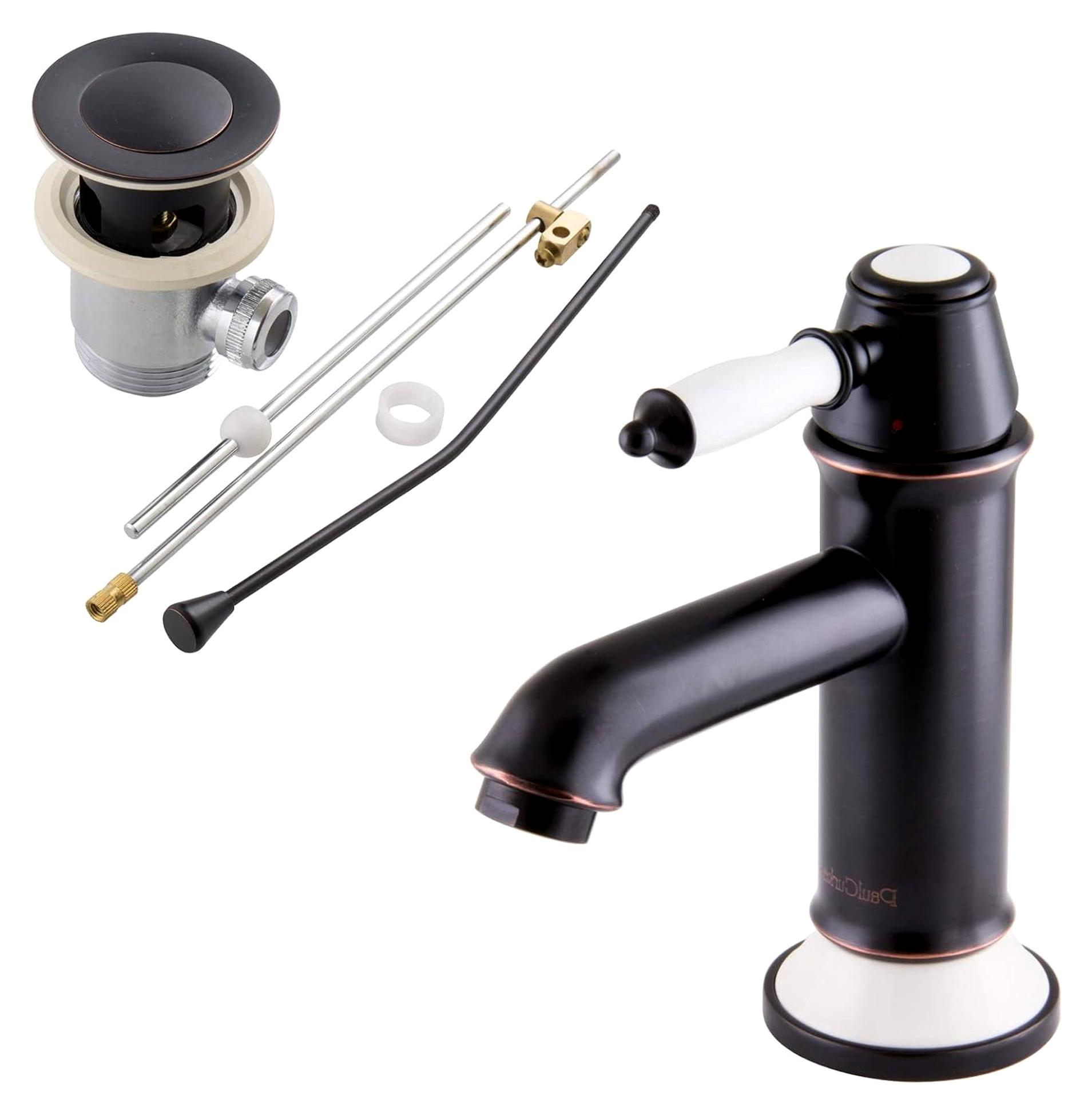 Retro Wasserhahn schwarz Waschtischarmatur mit Excenter Nostalgie Einhandmischer Kupfer schwarze Badarmatur Ablaufgarnitur Zugstange Vintage Landhausstil Kupferoptik