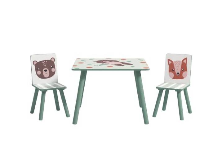 ZONEKIZ Kindertisch mit 2 Stühlen 3-teilig Tiermotiv für 3-8 Jahren Grün Kindersitzgruppe, Kinder Tisch Stuhl Set, Kindermöbel Sitzgruppe, Kinderzimmer, Kindergärten