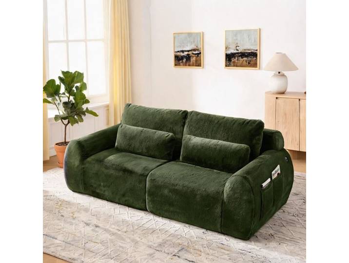 Canapé 2 places en mousse et peluche effet lapin vert sauge design contemporain pour petit espace