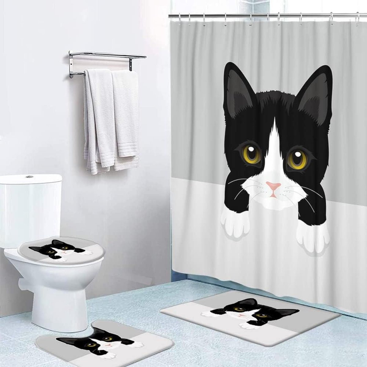 Badkamer Decoratieset met Douchegordijn en Matten - HD Digitale Print - Kat