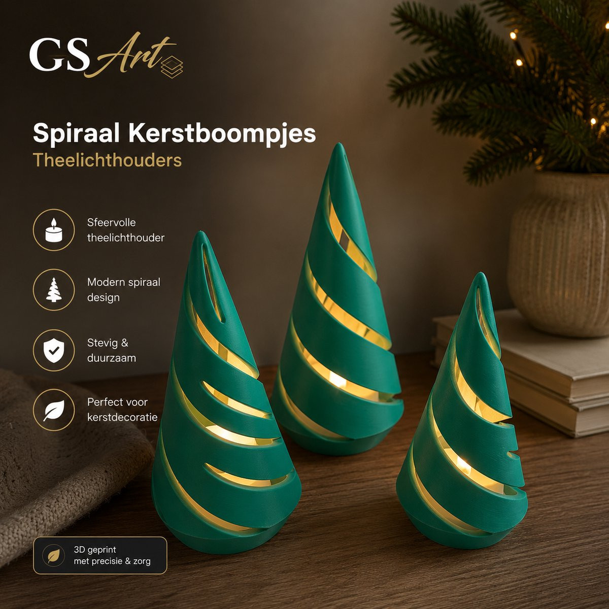 GSArt Spiraal Kerstboompjes Theelichthouders Set van 3 met LED Theelichtjes - Maretak groen