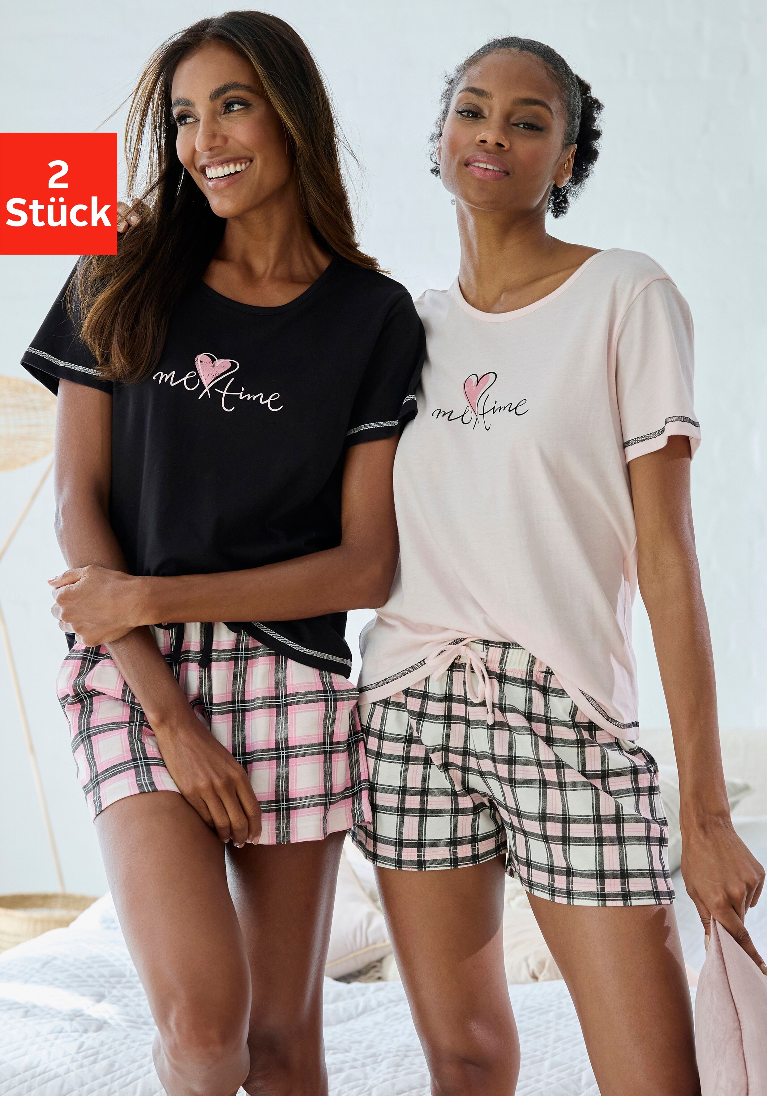 Shorty, Damen, Gr. 40/42, rosa (schwarz, rosa), Single Jersey, Obermaterial: 100% Baumwolle, VIVANCE DREAMS BY LASCANA, bedruckt, loose fit kurz, Rundhals, eingesetzt Overlocknaht kontrastfarben, Homewear-Sets Shorty, im Doppelpack mit Karomuster schwarz,