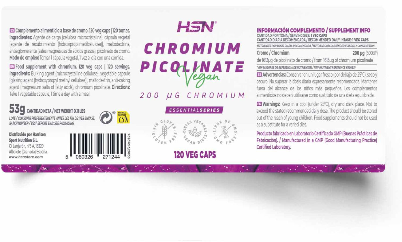 HSN Picolinato de cromo 200mcg - 120 veg caps - Diabéticos - Cápsulas Vegetales - 120  Servicios