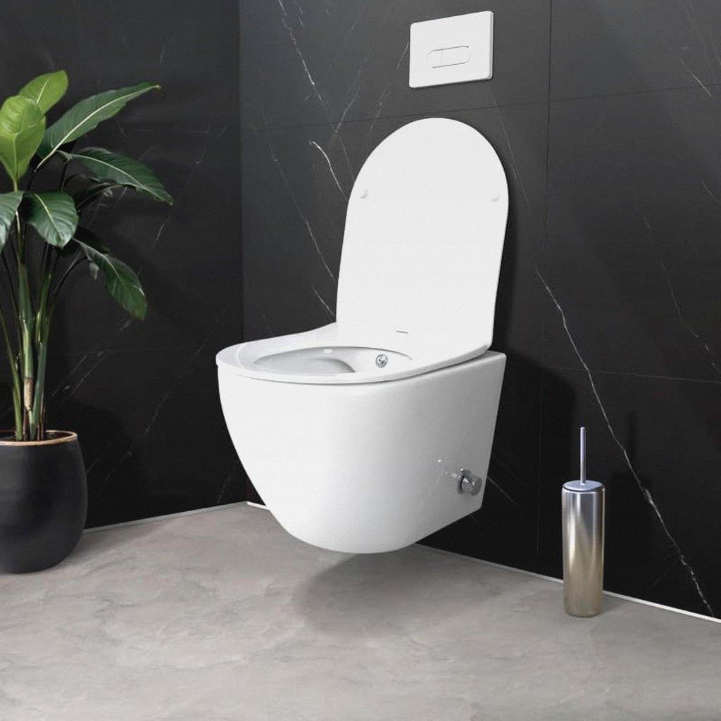 Spülrandloses Hänge WC Weiß mit integrierter Taharet-/Bidet-& Toilettendeckel mit Absenkautomatik - Wand WC mit Kalt- & Warmwasseranschluss, Design-Toilette mit Edelstahl-Dusche