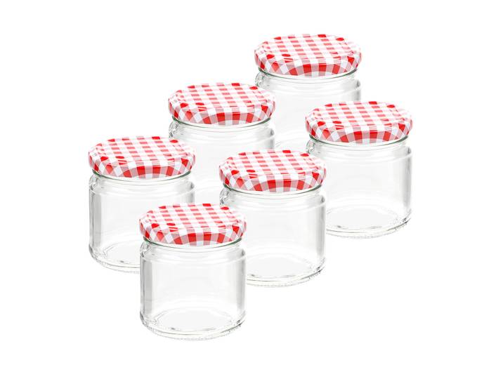 6er-Set Einmachgläser mit Schraubdeckel, Sturzgläser mit Karo-Muster, je 210 ml