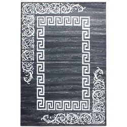 Carpetsale24 Kurzflor Teppich 80x150 cm, Modern Mäander Design in Grau Weiß, Pflegeleicht, ideal für Flur, Küche oder kleine Räume