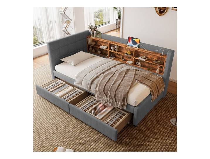 Odikalo Schlafsofa Schlafcouch Tagesbett Daybed Auszug USB Lattenrost 90x200 Beige Grau