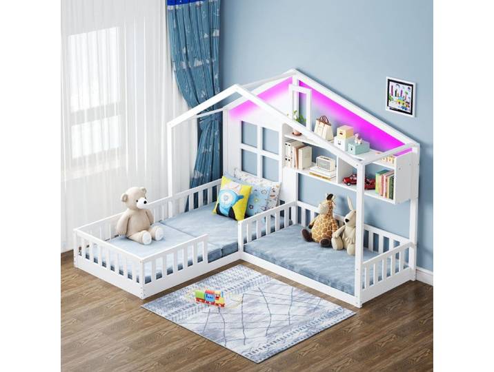 Lit Cabane Enfant 90 x 200cm 2 place avec étagères de fenêtre bande lumineuse LED blanc