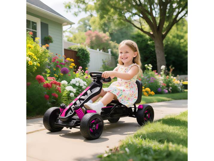AIYAPLAY Kart à Pédales Enfant 3-6 Ans Rose avec Frein et Roues EVA