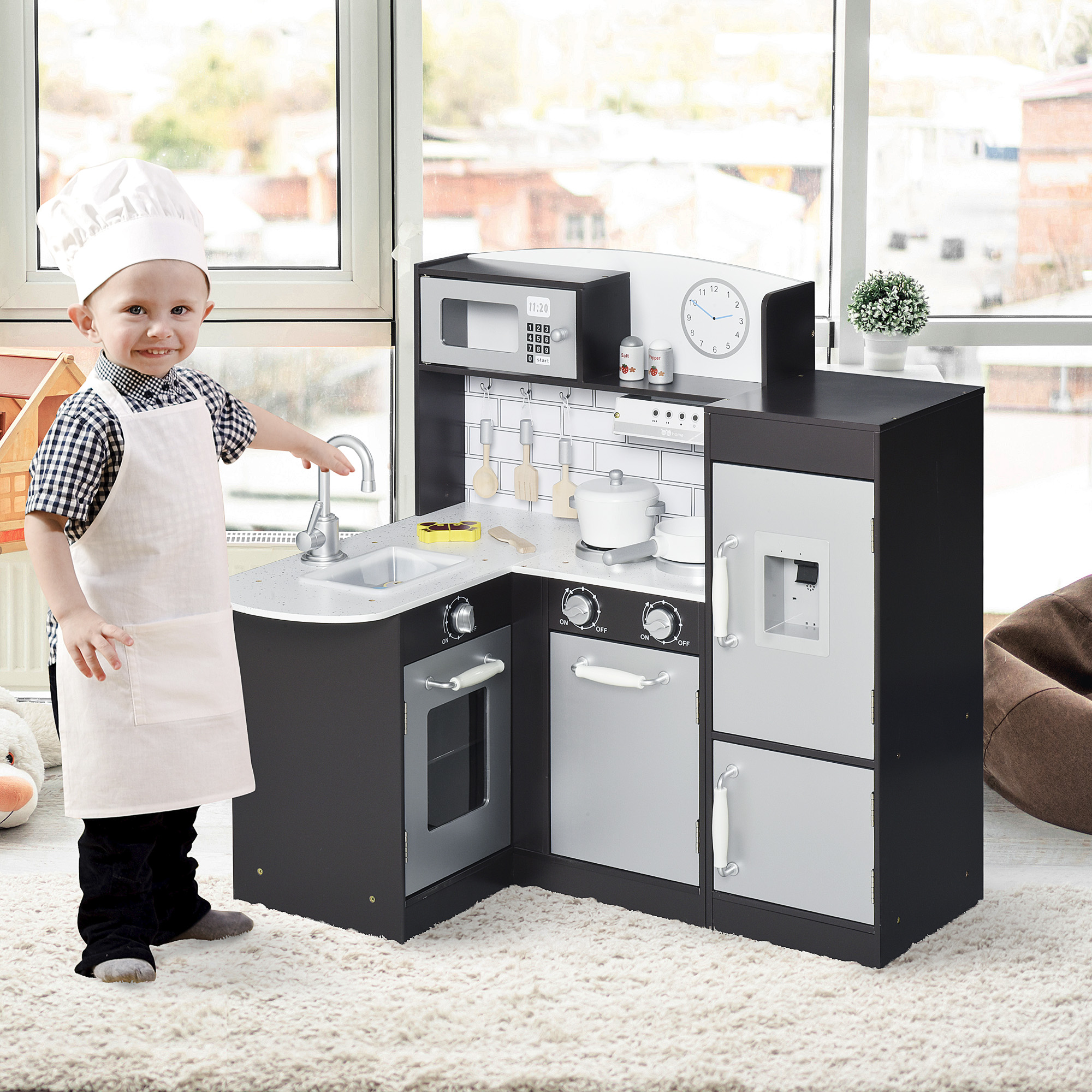 Homcom Cucina Giocattolo per Bambini in Legno con 14 Accessori, Forno, Lavandino, Frigo e Microonde, Età 3+ Anni, 86x64x84.5cm, Argento e Marrone