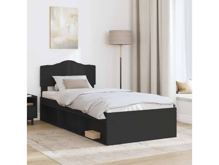 SKTQYQO Einzelbett Schwarz 90 x 190 cm mit Kopfteil aus Kiefernholz Engineered Holzstruktur, Kopfteil aus massivem Kiefer, minimalistisches Design für modernes Zimmer