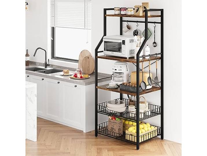 Cachpib Küchenregal Mikrowellen Regal Standregal Küche Organizer 5-Etagen Kaffee Regal Bakers Rack mit 2 Holzablagen, 2 große Drahtkörbe, 8 Haken Bäckerregal für Küche Esszimmer