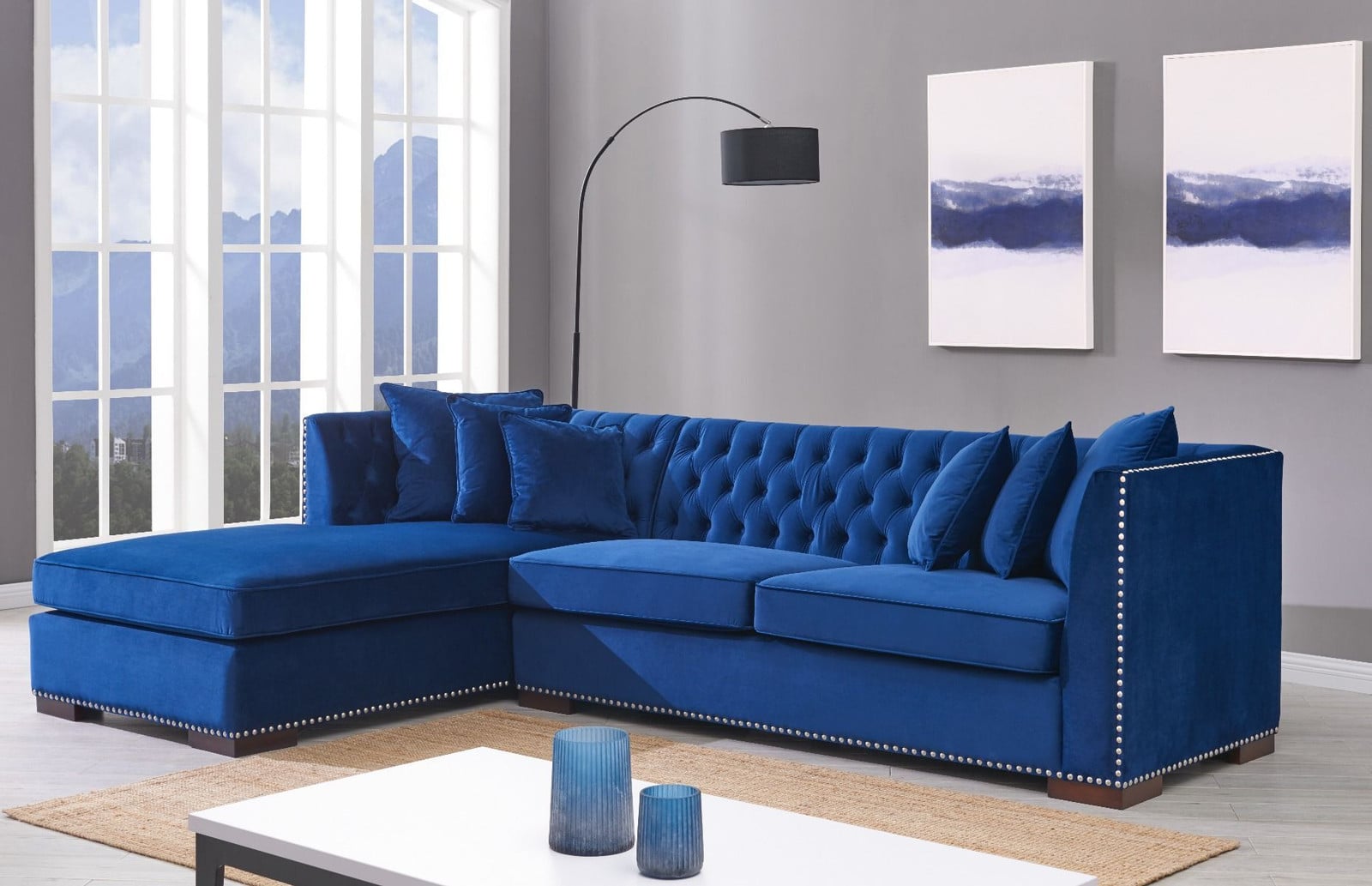 Chesterfield Blauwe Designer Hoekbank van Textiel Stoffen