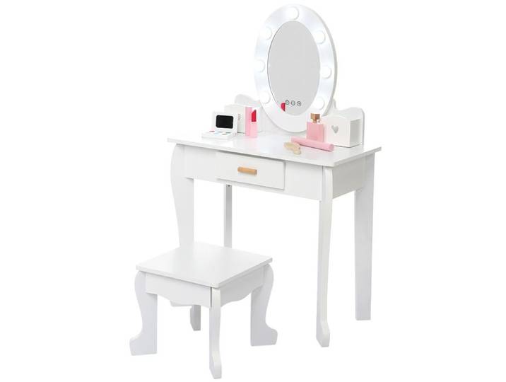 GARVEE Coiffeuse enfant avec miroir lumineuxneux et tabouret – Ensemble maquillage en bois-pour filles 4-9 – Blanc-–94x40x30cm