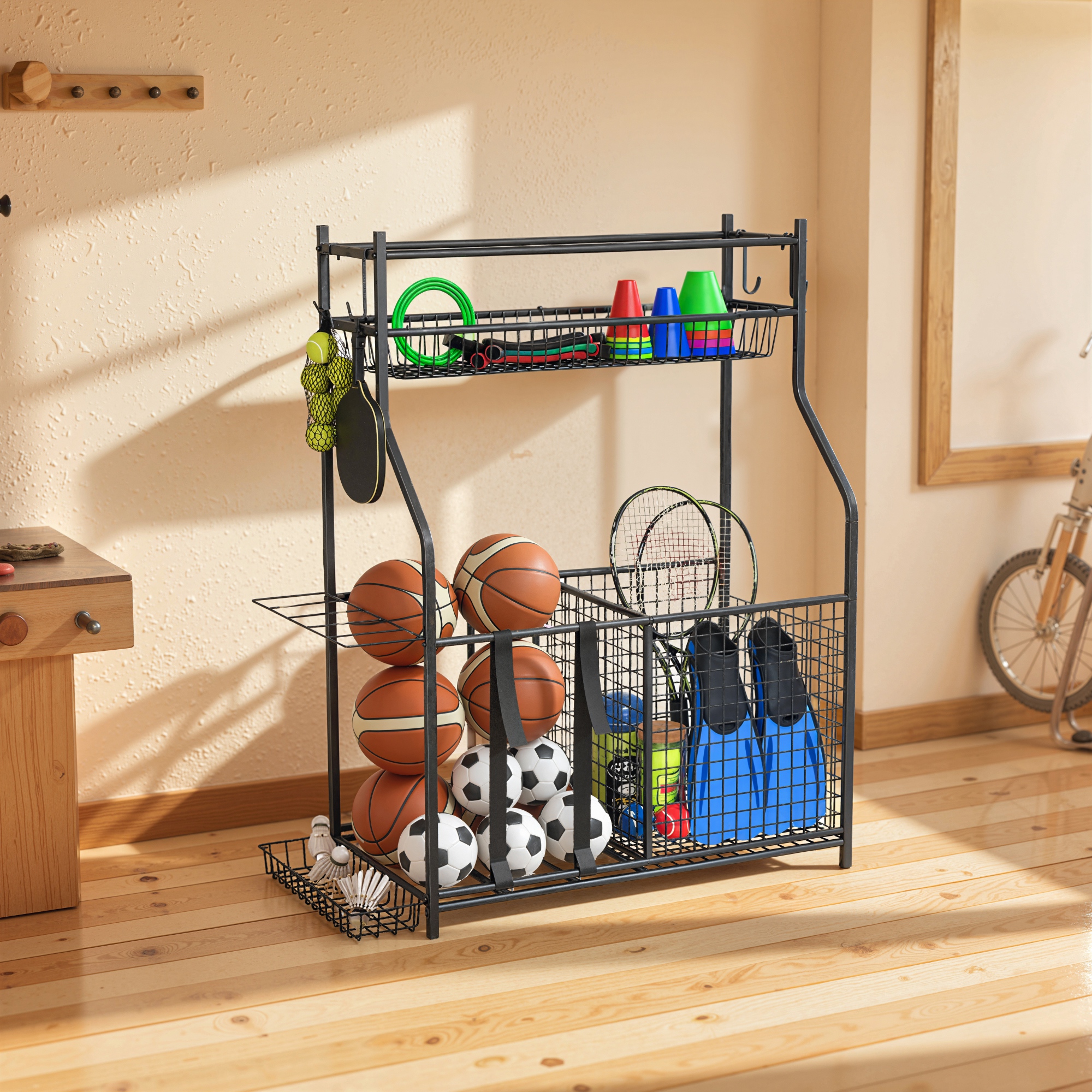 Sportnow Organizzatore sportivo con Cestello, Ganci Estraibili e Fasce Elastiche per Palloni da Basket e Calcio, 92x42x109 cm, nero   Aosom Italy