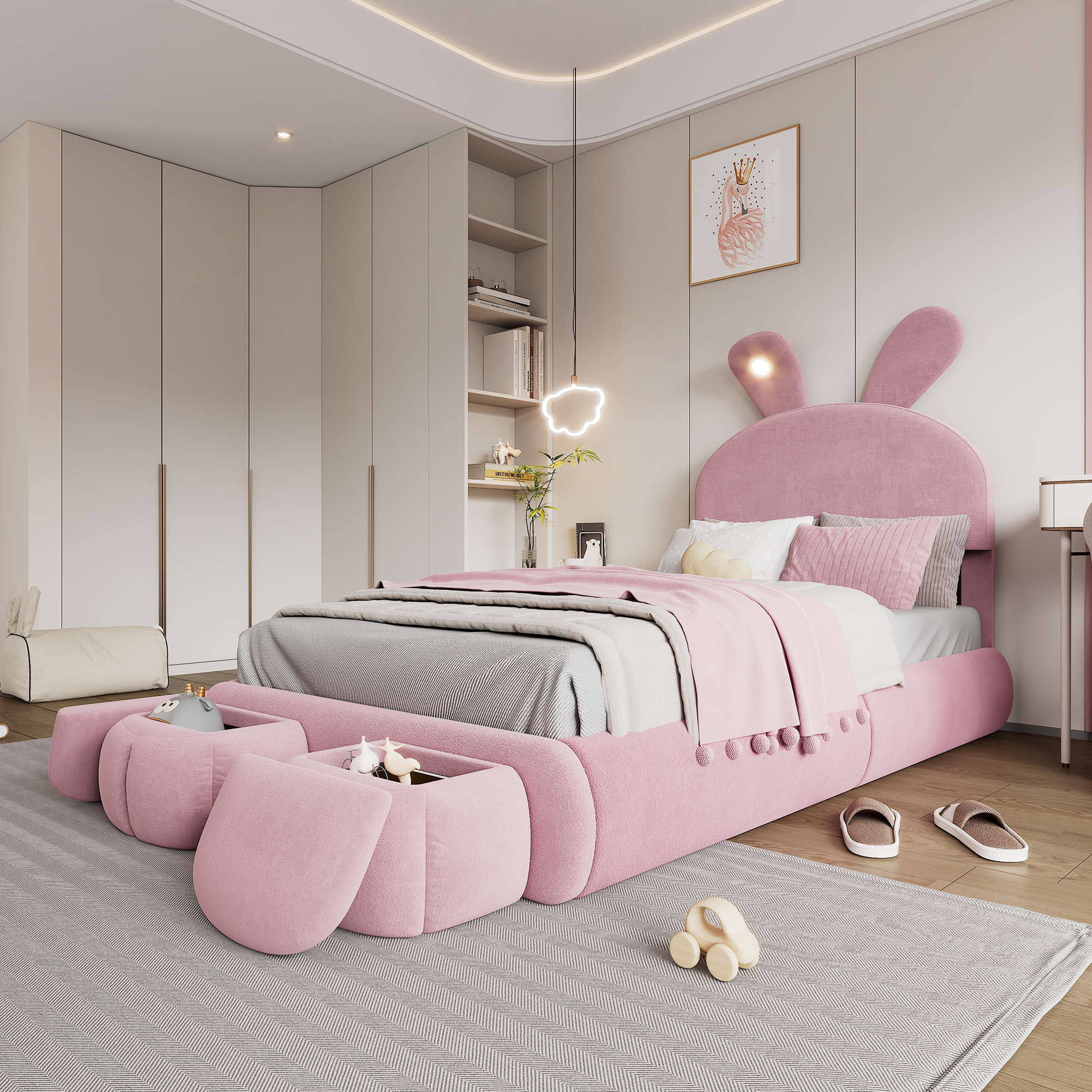 STILVORA Kinderbett 90×200 cm Polsterbett mit LED-Licht & Bettkasten, Jugendbett Einzelbett mit Kopfteil, Samt, Rosa (mit Matratze)
