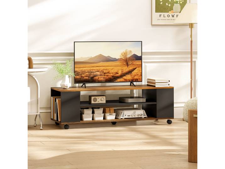 HOMCOM Meuble TV 139,7cm Noyer Noir avec Roulettes et Étagères