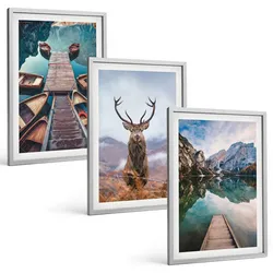 BILDER SET 3er Set - 40x60 cm Silberner Rahmen - Seeboote Hirsche Berge