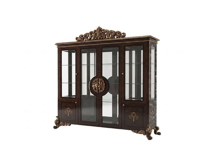 Xlmoebel Vitrine Braune Klassische Holz Glas Vitrine Wohnzimmer Golddekor Luxus Möbel (Vitrine, 1-St., 1-tlg)