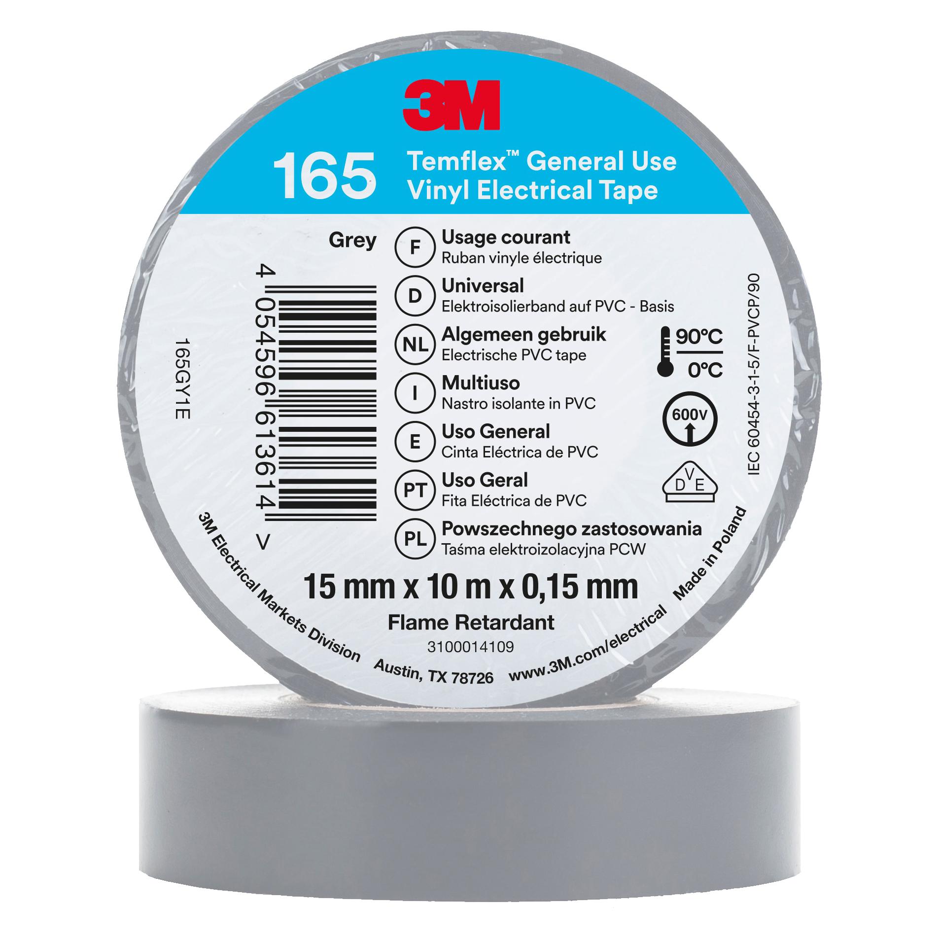 3M Temflex Vinyl-Isolierband 165, 15 mm x 10 m (15 mm) (165GY1E)
