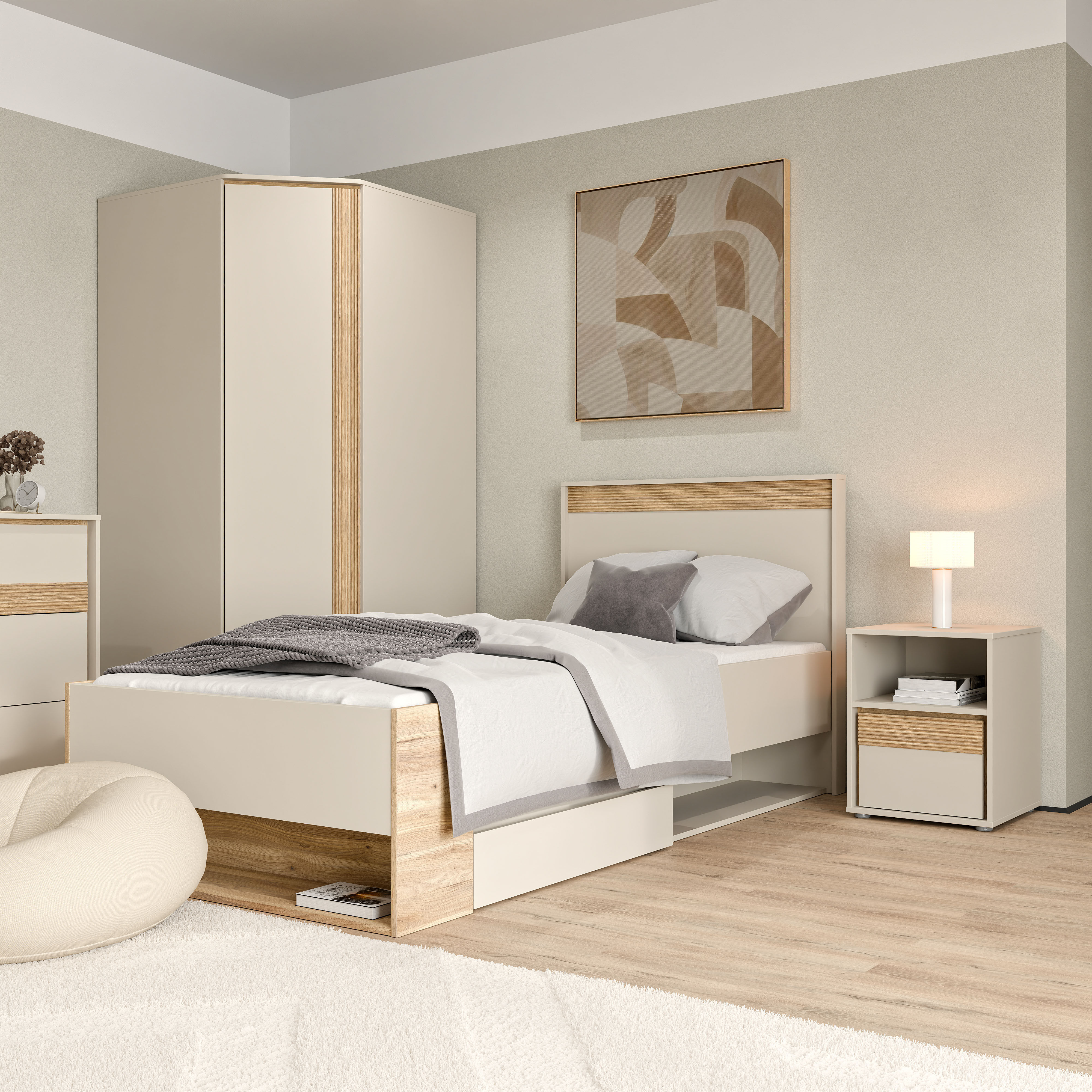 Stauraumbett FORTE, beige (mauvella eiche, kashmir beige, mauvella eiche, kashmir beige, mauvella eiche, kashmir beige), B:100cm H:96,3cm L:210,8cm, Betten, Stauraumbett, inklusive Schubkasten, in 2 Grössen erhältlich mauvella eiche, kashmir beige, mauvel