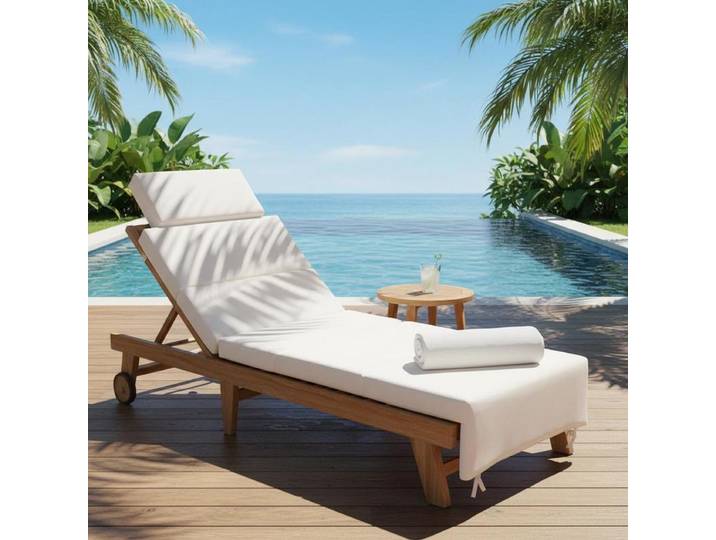 Chaise longue pliable d'extérieur en teck avec coussin blanc crème, mobilier de jardin, chaise inclinable réglable
