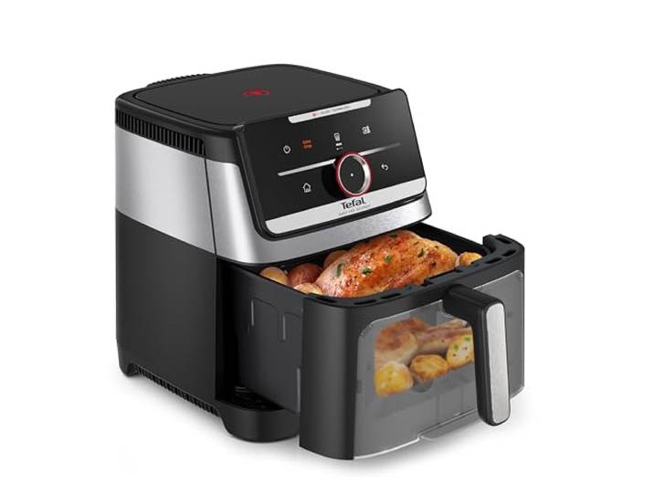 Tefal Easy Fry Silence Heißluftfritteuse, 7 L Fassungsvermögen, Silent-Technologie, Smart Assist System, bis zu 8 Portionen, abnehmbare Front mit Sichtfenster, Schwarz, EY876DE0