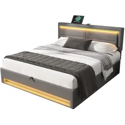 Polsterbett 140x200 cm mit Stauraum, USB-Anschluss und LED-Beleuchtung – modernes Design in Grau, stabiler Lattenrost und komfortable Nutzung