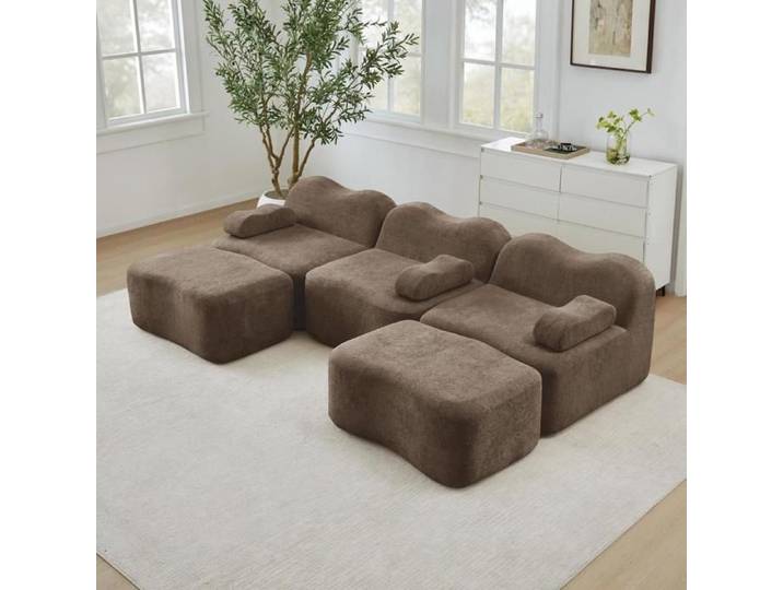 Canapé modulaire - KOMHTOM - Canapé modulable U - 3 places - 2 ottomans - Velours marron - 288x167x70 cm