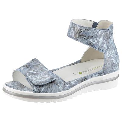 Plateausandale WALDLÄUFER "HAKURA", Damen, Gr. 5, Leder, blau (graublau), Veloursleder, geblümt, metallic, Schuhe, Sandalette, Sommerschuh, Bequemschuh mit Klettverschlüsse, H-Weite