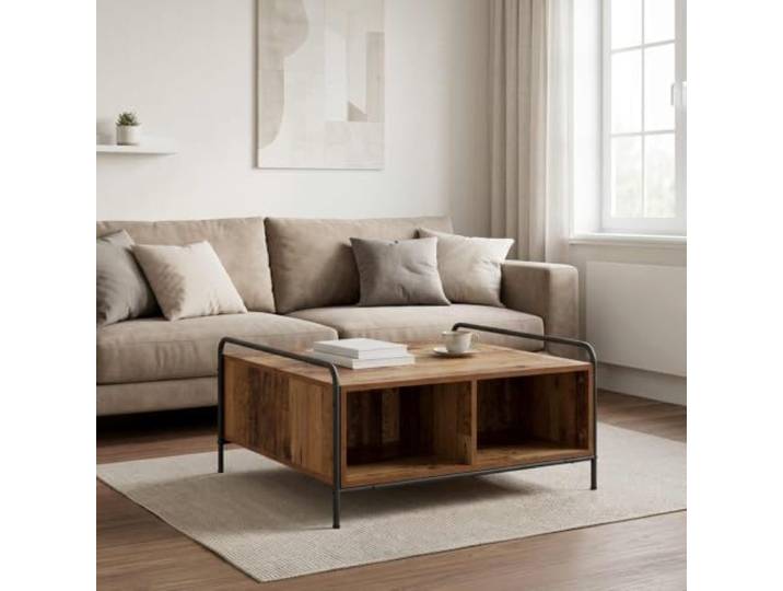 KUTYWEXFM Couchtisch Altholz 80x80x41 cm Holzwerkstoff Wohnzimmertisch Vier offene Fächer bieten reichlich Platz für Bücher und Dekoration im Wohnzimmer oder Gästezimmer.