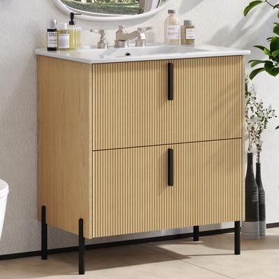 Kodotan sofa "30"" Bathroom Vanity with Ceramic Sink and Full-Extension Drawers, Soft Close Undermount Drawer Slides, Fluted Design, Natural"