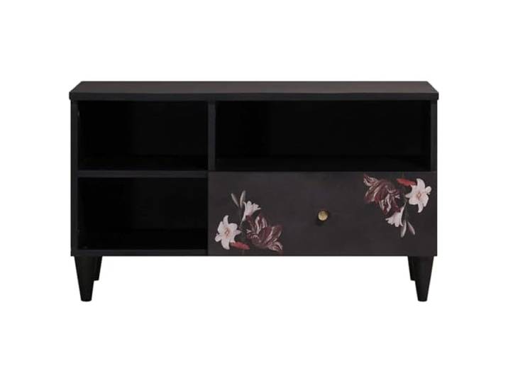 KTHLBRH TV-Schrank Mehrfarbig 80 x 33,5 x 46 cm Massives Mangoholz, Blumenmuster, Messinggriffe, Schublade und Tür
