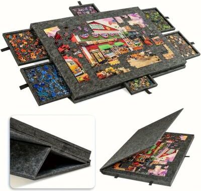 Inspired Living 6 in 1 Portable Puzzle Table With Stand, Cover Lid & 6 Sorting Drawers (Fits 1000 Pieces) dark Gray
