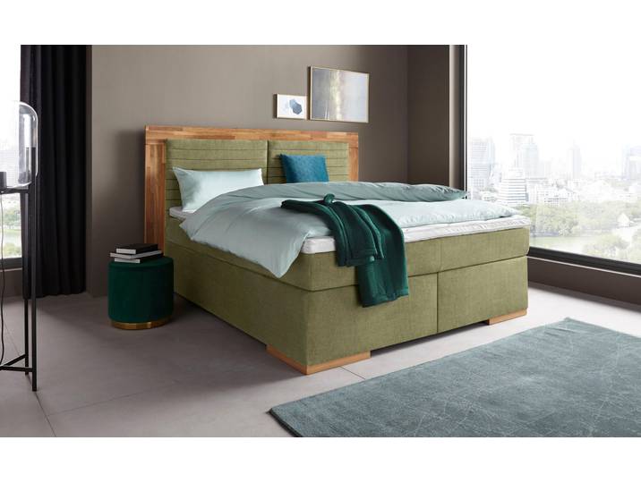 Boxspringbett, 230x206 cm, Luxus-Microfaser, Olive, Mit LED-Beleuchtung, Modern