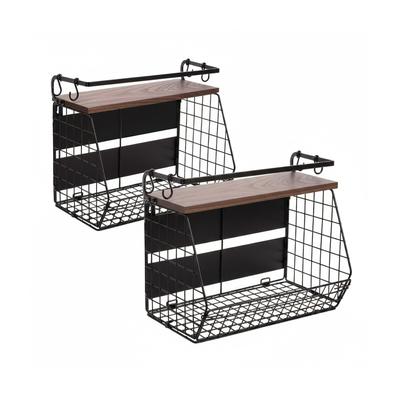 Relaxdays Obstkorb Wandregal 2er Set, Küchenorganizer magnetisch, HBT: 30x35,5x21 cm, Korb Metall, schwarz/dunkelbraun