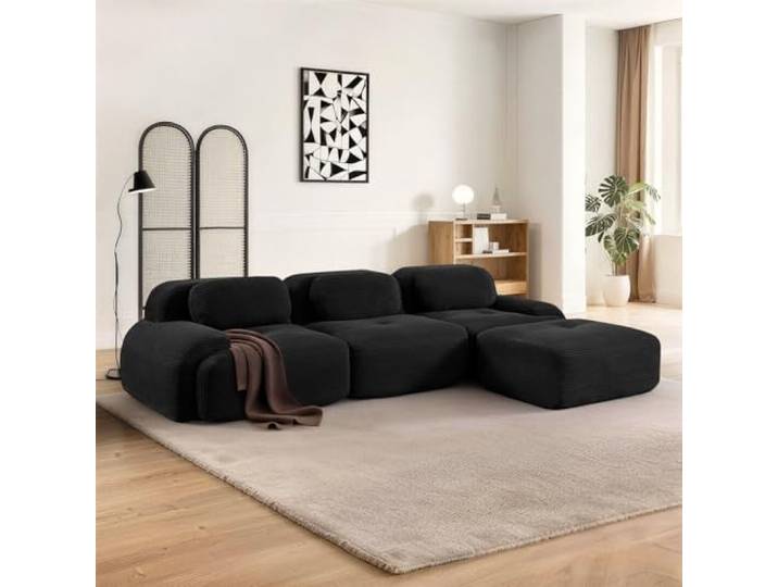 SoarFlash Modernes modulares Sofa, Kordtstoff-Oberfläche, Tiefe Sitzfläche + breite Armlehnen, werkfertig, 3-Sitzer Ecksofa, Schwarz